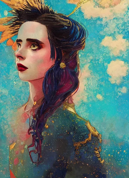 Image similar to a close up gouache painting portrait of emma roberts krysten ritter as the angel of the apocalypse in the style of horizon zero dawn, by victo ngai, by odilon redon, by delphin enjolras, by hikari shimoda,.