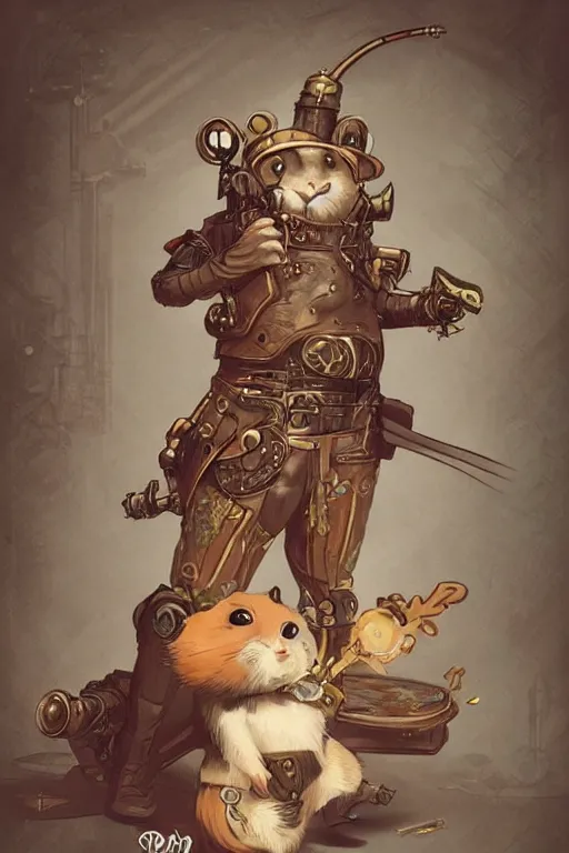 Image similar to anthropomorphic hamster as steampunk half - cyborg, western gunslinger, high fantasy, dnd, smooth, sharp focus, illustration, highly detailed, digital painting, artstation, concept art, by disney animation, rossdraws, alphonse mucha, frank fanzzeta, collectible card art