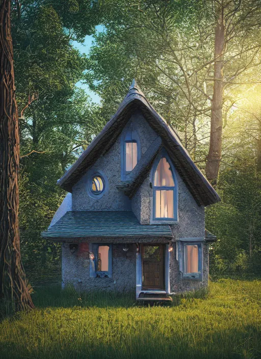 Prompt: hyper realistic homely ornate modern witch cottage far awqyb in the woods gorgeous lighting, blue sky, highly detailed, lush forest architectural render, octane render, ue 5 raytraced