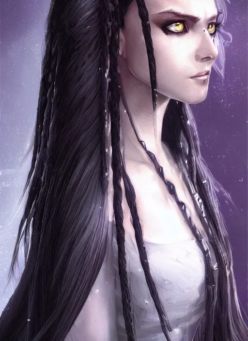 Image similar to An epic fantasy comic book style portrait painting of a girl with long straight hair, hair is half black half white, she is wearing a dress with a chess pattern, Unreal 5, DAZ, hyperrealistic, octane render, cosplay, RPG portrait, dynamic lighting