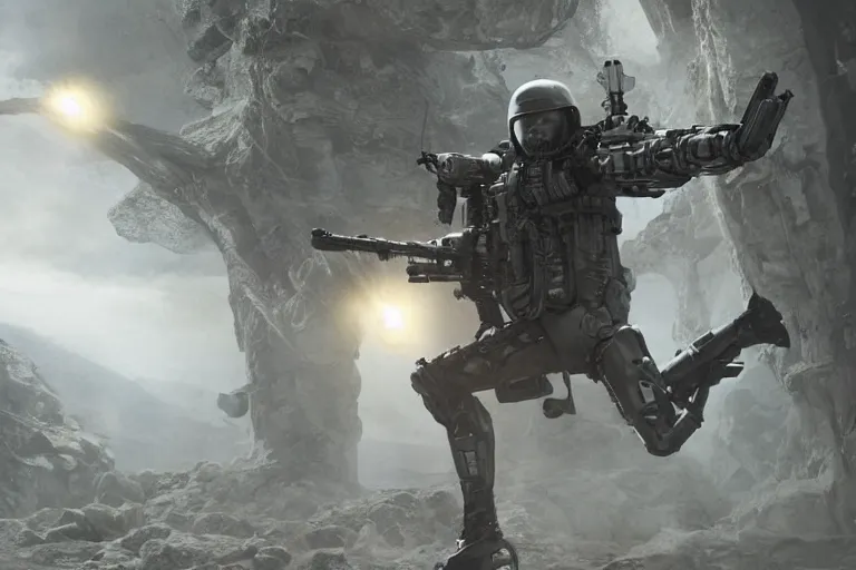 Prompt: vfx movie, sci - fi super soldier in worn military futuristic armor, leaping with futuristic rifle in alien technology temple, by emmanuel lubezki