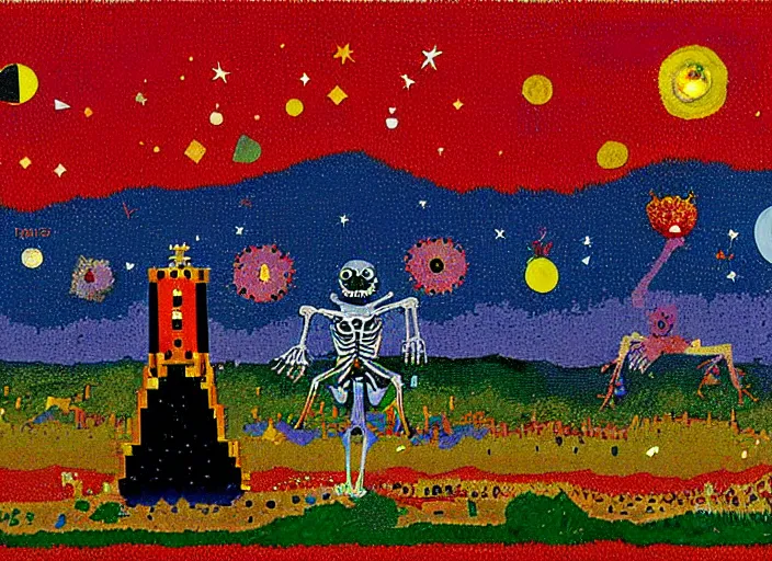 Prompt: pixel decollage painting tarot lovers card composition tower of babel road red armor maggot bear and wonky alien frog skeleton knight on a horse in a dark red cloudy night sky with golden foil jewish stars and diamonds, mountain lake and blossoming field in background, painted by mark rothko, helen frankenthaler, danny fox and hilma af klint, pixelated, expressionism