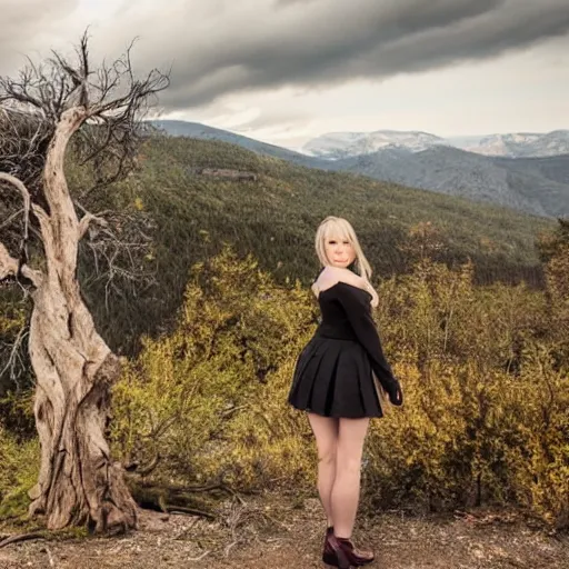 Image similar to misa amane standing near a beautiful landscape, mountain with a dead tree in the background, sunset with cloudy skies, in a different realm, award winning dslr photography, clear image, global illumination, radiant lighting, intricate environment