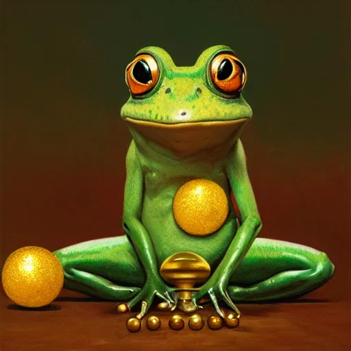 Image similar to long shot of a cute frog playing with golden metal balls, by esao andrews, by m. w. kaluta, volumetric light, rich colors, very humorous oil painting, realistic reflections, smooth, concept art, depth perception, high depth of field, 4 k, unreal engine 5, ultradetailed, hyperrealistic, artstation