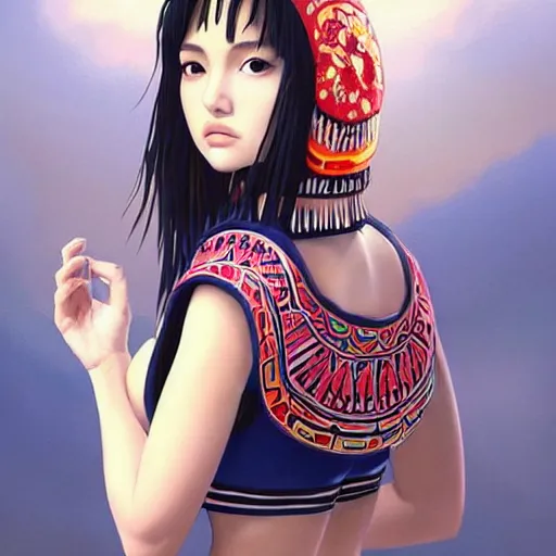 Image similar to a beautiful young japanese natalie portman alluring gravure model, stylized concept art, wearing elegant designer bomber jacket and one piece bikini, bomber jacket with mesoamerican patterns, mesoamerican native street fashion, princess mononoke, painted by ilya kuvshinov aesthetic, gorgeous, stunning, alluring, attractive, artstation, pinterest, digital art