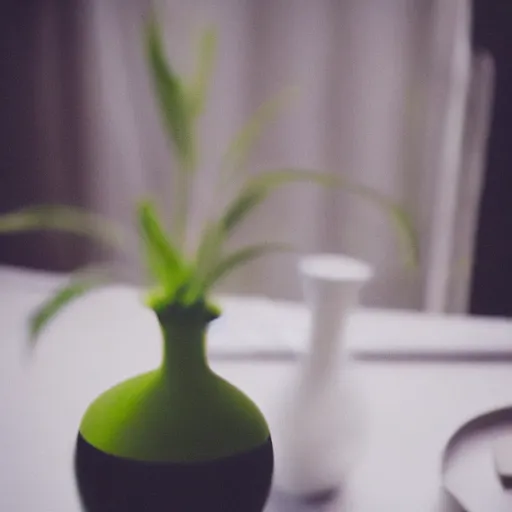 Prompt: macro photo of a vase on a table, pentax k1000