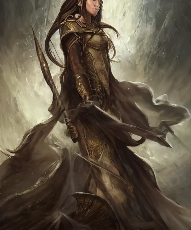 Prompt: nerduilye bertanonel is a 5 3 year old female half - elf cleric, long wavy brown hair and brown eyes, soft black skin. short with a lean build. round stunning face. lawful good, worships torm, god of duty, loyalty, obedience, realistic detail, matte oil painting in the style of raymond swanland