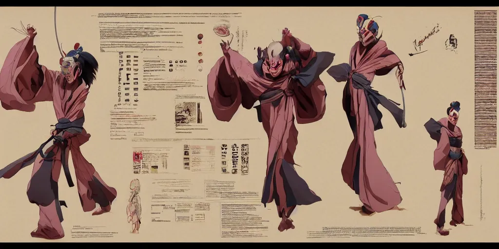 Image similar to kabuki character design, character sheet, Moebius, Greg Rutkowski, Zabrocki, Karlkka, Jayison Devadas, Phuoc Quan, trending on Artstation, 8K, ultra wide angle, zenith view, pincushion lens effect