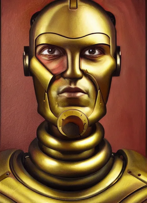 Prompt: Portrait Bust oil painting of an Old cyborg man by Jama Jurabaev with one Robot eye, Art Deco, Art Deco Background, Shiny, Metal, Diffused lighting, Gold, Cyborg DC, Brass, no glasses, Bust Portrait, Steam Punk, Wearing a worn out brown suit, extremely detailed, brush hard, brush strokes, Dorothea Lange, Migrant Mother, artstation