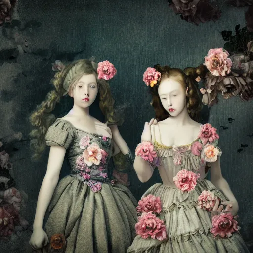 Prompt: 8k, octane render, realism, tonalism, rococo, renaissance, baroque, group of creepy young ladies wearing long harajuku manga dress with flowers and skulls, background chaotic flowers