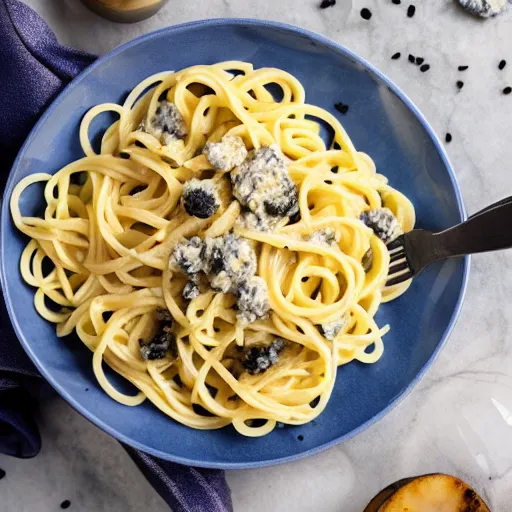 Prompt: a professional photo of blue moon pasta with moon chunks