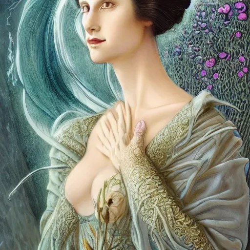 Image similar to facial portrait of a young pretty woman in flowing dress, arrogant, mysterious, long fine flowing hair, delicate, looking at camera, slightly awkward smile, realistic face, hands behind back, intricate, stylish, elegant, grimdark fantasy, flowers, extremely detailed painting inspired by Gerald Brom and Ernst Haeckel and Greg Rutkowski