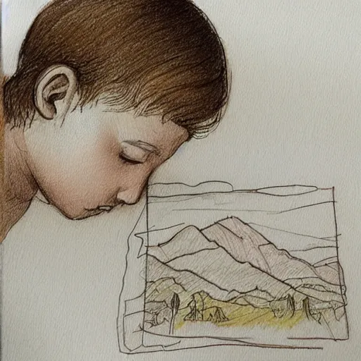 Image similar to brunette boy with his eyes closed, drawing sketches on his notebook, colorful painting, elegant, clear, in the style of leonardo da vinci, mountains in the background, masterpiece,