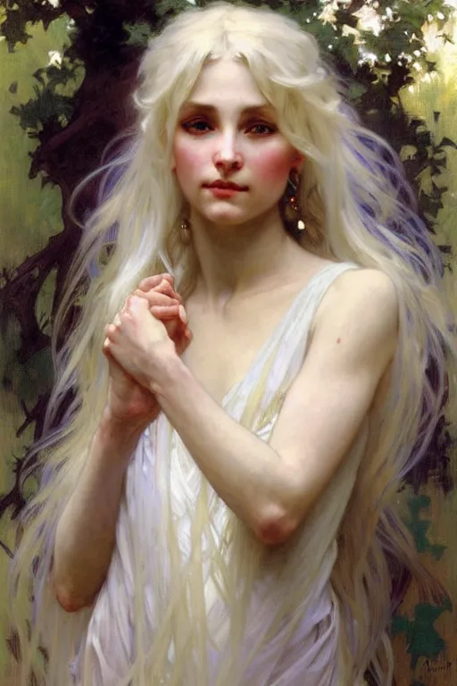 Image similar to women with long white hair, painting by daniel gerhartz, alphonse mucha, bouguereau, detailed art, artstation