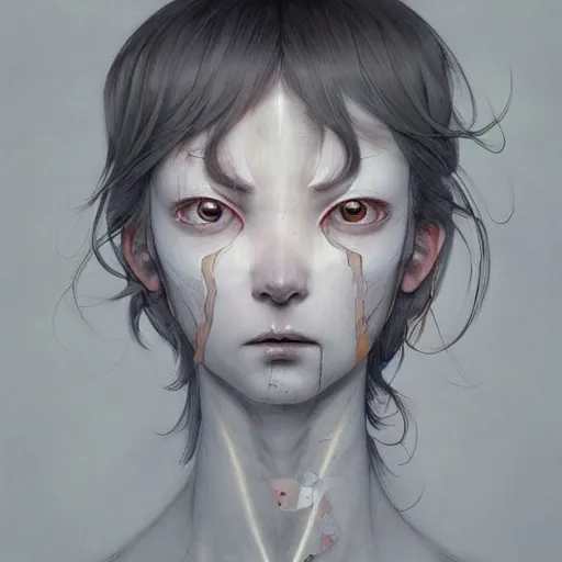 Image similar to prompt : gray and white portrait soft light painted by james jean and katsuhiro otomo and erik jones, inspired by evangeleon anime, smooth face feature, intricate oil painting, high detail illustration, sharp high detail, manga and anime 1 9 9 9