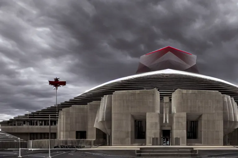 Image similar to award winning photo of the australian parliament house architecturally designed with strong sinister and occult masonic design, heavy red storm clouds