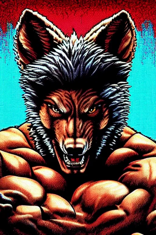 Prompt: extreme long shot. 8 bit nes graphics. antropomorphic muscular masculine wolf. kickboxer fighter, in shorts. wolf head. fine details, very sharp, art from nes game cartridge, 8 0's, vhs artefacts, vaporwave style, marc simonetti and hermann nitsch. kung fury movie