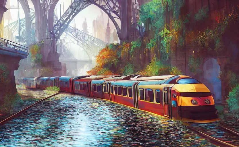 Prompt: An urban train rides inside of a waterway on a fantasy city. Fantasy and concept art, colorful digital painting, unreal engine.