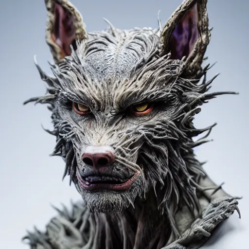 Prompt: photo taken of an epic intricate, ultra detailed, super realistic gritty, terrifying, lifelike bust sculpture of a werewolf creature design, created by weta workshop, zoomed in shots, photorealistic, sharp focus, white wall coloured workshop, cold colour temperture, f 0. 4, face centred