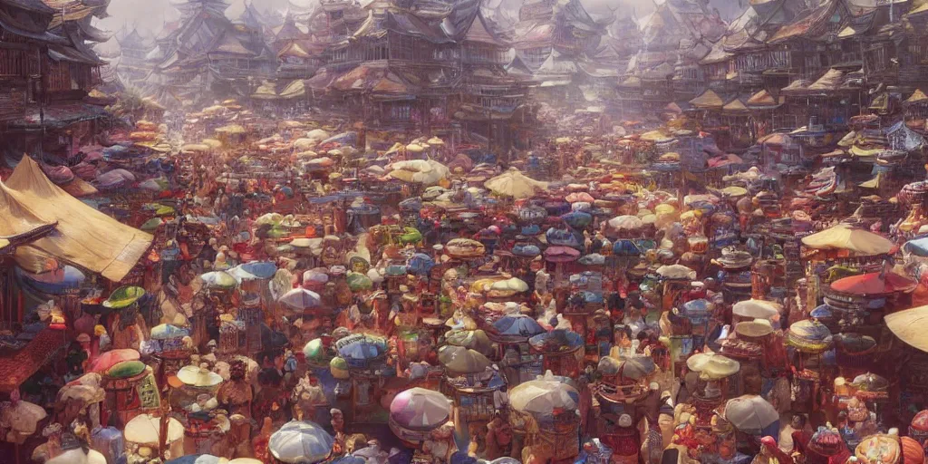 Prompt: A close up view of a busy market in a fantasy asian town on a river, by John Howe and Dean Cornwell, cinematic, very detailed, Trending on artstation.