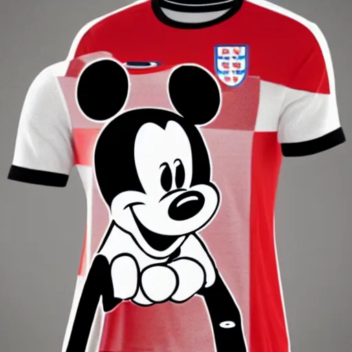 Image similar to a mickey wearing england soccer team shirt.