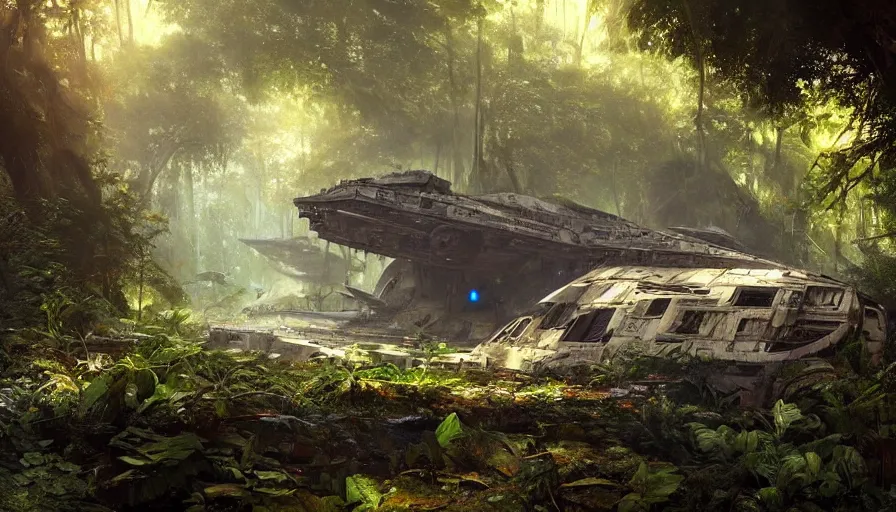 Prompt: a beautiful painting of a crashed millennium falcon in a lush jungle, ray traced lighting by kalin popov and greg rutkowski