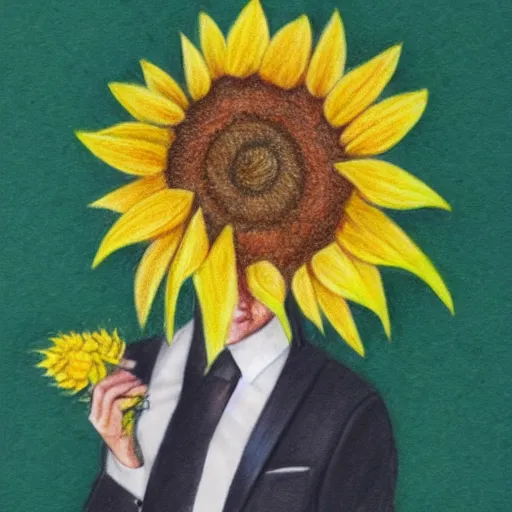 Image similar to full body shot of a man with a sunflower instead of a head wearing a business suit, color pencil sketch