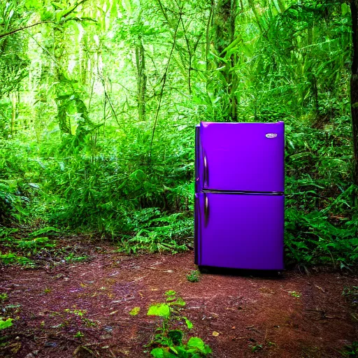 Prompt: purple refrigerator in a jungle, 4k photograph