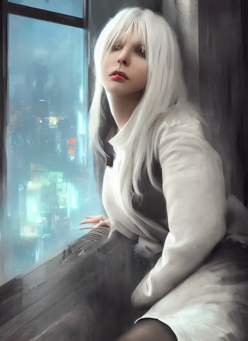 Prompt: white haired girl in a miniskirt sitting on a window, cyberpunk, digital art, expressive oil painting, highly detailed, trending on artstation, octane render, beautiful face