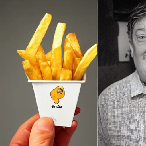 Image similar to photo of [ a single salted french fry chip ] shaped like that looks like stephen fry as a pixar character hybrid intercross mix cinematic lighting