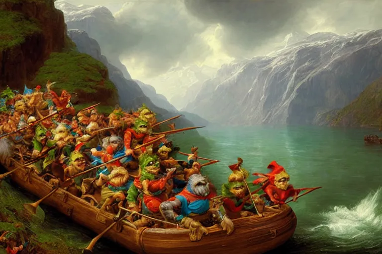 Image similar to a group of green goblins riding on a raft in a norwegian fjord by justin gerard by thomas cole