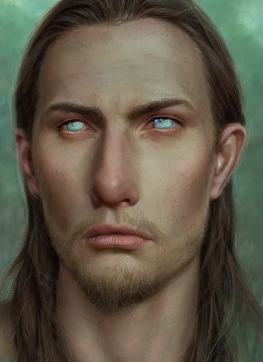 Image similar to a warrior in his twenties with long light brown hair tied back, light green eyes, a large forehead, a widows peak and a round face with high cheekbones and full lips as a realistic d & d fantasy character, portrait art by donato giancola and greg rutkowski, vintage retro, realistic face, digital art, trending on artstation