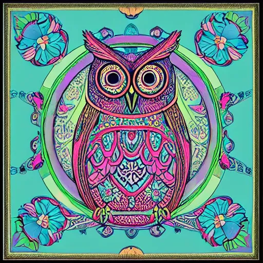 Image similar to owl, mandala, pink, blue, beautiful, by Alphons Mucha