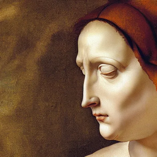 Prompt: scared woman staring up, high detail painting by michelangelo