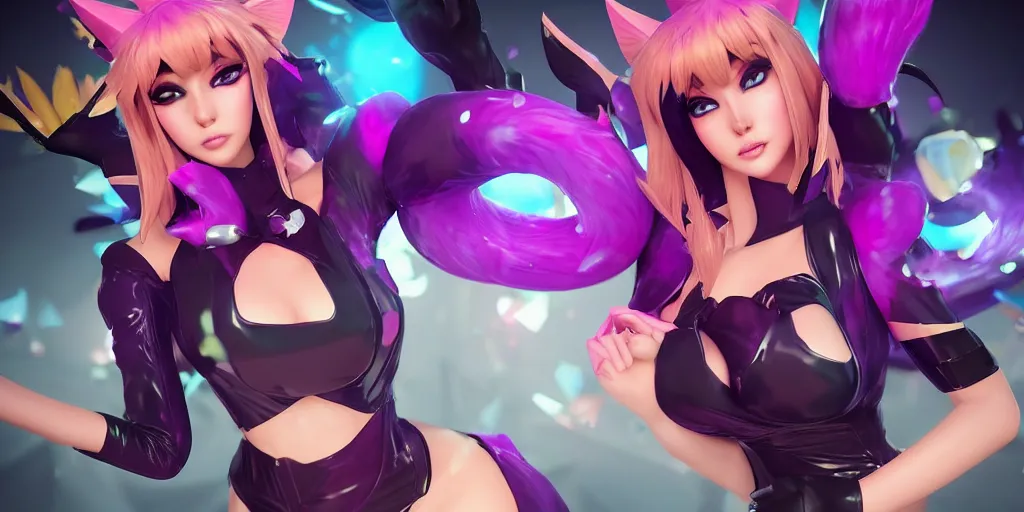 Image similar to Magazine cover with KDA Ahri (League of Legends). 3d render, octane render, game art, realistic, highly detailed, trending on artstation, 4k, trending on artstation, pixar, cgsociety, unreal engine 5, redshift render, trending on artstation, blender, behance, cg