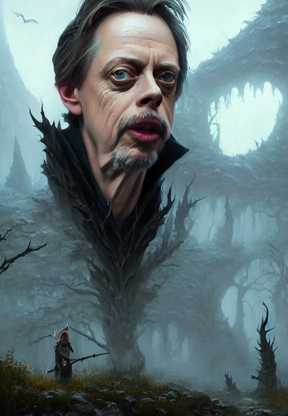 Image similar to highly detailed medium shot portrait of steve buscemi as a fantasy warlock, in skyrim, stephen bliss, unreal engine, fantasy art by greg rutkowski, loish, rhads, ferdinand knab, makoto shinkai and lois van baarle, ilya kuvshinov, rossdraws, tom bagshaw, global illumination, radiant light, detailed and intricate environment