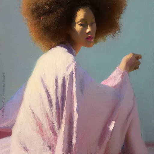 Prompt: girl with afro and angel wings, in kimono, backview, sitting on edge of bed, by jeremy lipking, tim rees, joseph todorovitch