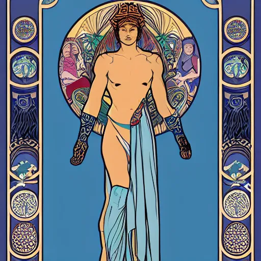 Prompt: god of nature, blue panthera, in a style of mucha