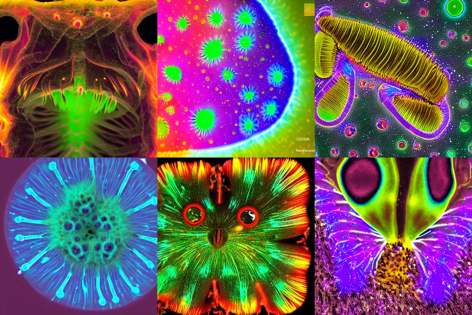Prompt: hairy creature under dark-field microscopy, bioluminescence, vivid colors, highly detailed
