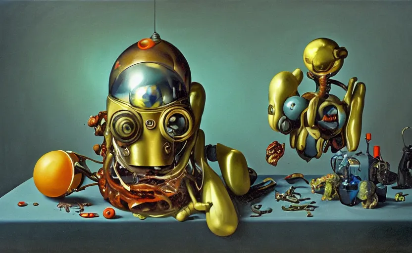 Image similar to strange seductive futuristic robot body, enticing colorful oil painting dutch golden age vanitas still life sparse composition with bulbous objects strange gooey transparent surfaces shiny metal reflections bizarre mutant meat insects rachel ruysch dali todd schorr very detailed perfect composition rule of thirds masterpiece canon 5 0 mm, cinematic lighting, photography, retro, film, kodachrome
