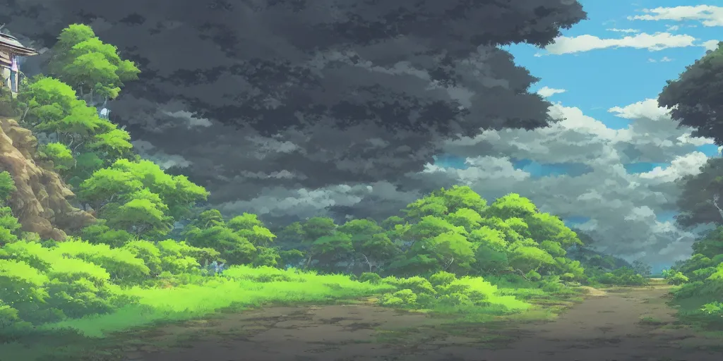 Image similar to landscape, anime art style, studio ghibli, 4 k, 8 k