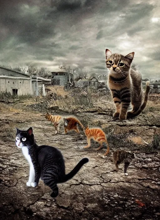 Image similar to cats in a post apocalyptic landscape looking for food