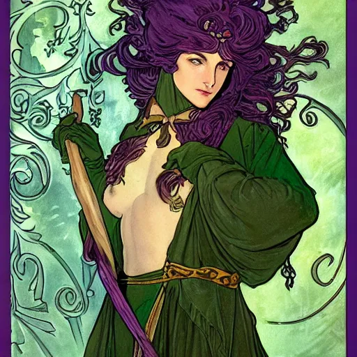 Image similar to short wood elf, purple hair, holding a long bow, green leaf cloak, leather armor, metal gauntlets, green eyes. in the style of alphonse mucha and john howe. fantasy. detailed.