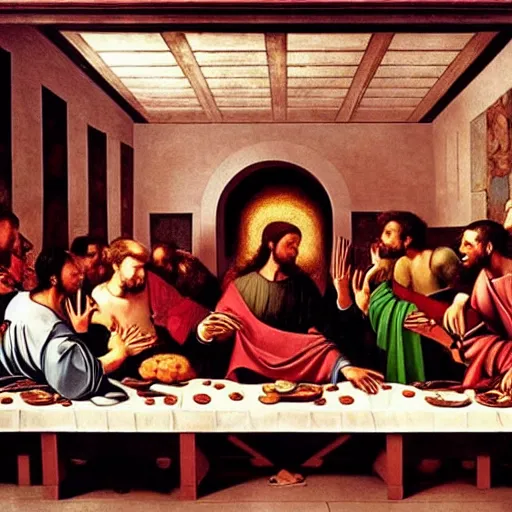 Prompt: the last supper but they eat pizza, caravaggio style, fantasy, epic, detailed