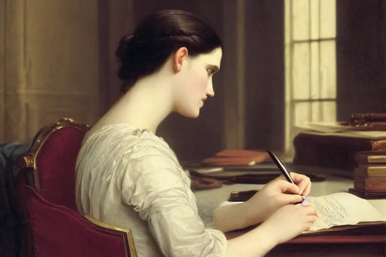 Image similar to 1 8 1 0 s katie mcgrath writing at her desk by vittorio reggianini, bright lighting, perfectly detailed eyes, beautiful hands, pale skin, clear face