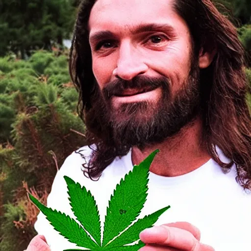 Prompt: photograph of jesus holding a bag of weed