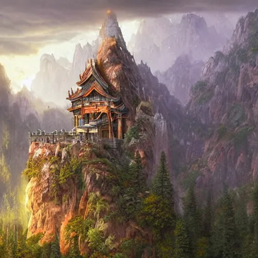 Image similar to A beautiful hyper realistic detailed matte painting of a dragon shaped temple nestled in forest mountains by John Howe and Albert Bierstadt and Alena Aenami and dan mumford and dave noton, unreal engine, trending on behance