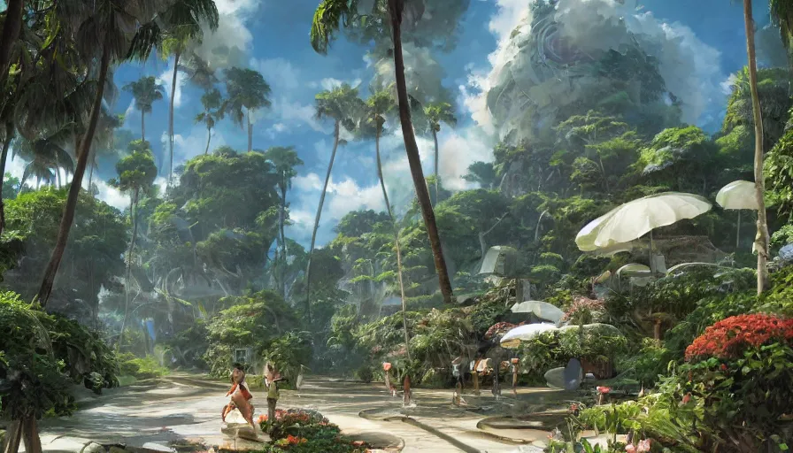 Prompt: craig mullins and studio ghibli illustration of a future sphere living space, lush landscape, science fiction landscape, flowers, flying saucers, palm trees, people, unreal engine, hyper realism, realistic shading, cinematic composition, realistic render, octane render, detailed textures, photorealistic, wide shot