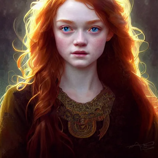 Image similar to beautiful natural Sadie Sink' intricate, elegant, highly detailed, digital painting, artstation, concept art, smooth, sharp focus, illustration, art by artgerm and greg rutkowski and alphonse mucha and loish and WLOP