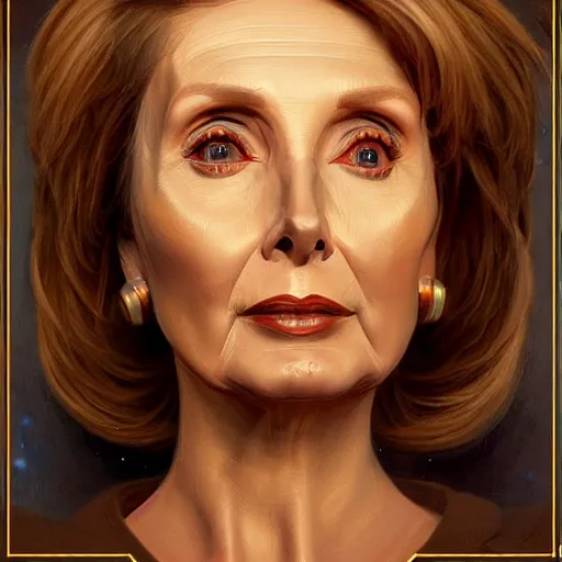 Image similar to nancy pelosi robot from another dimension, cinematic lighting, intricate, elegant, highly detailed, digital painting, artstation, sharp focus, illustration, art by artgerm and greg rutkowski and alphonse mucha and Wayne Barlowe and william-adolphe bouguereau